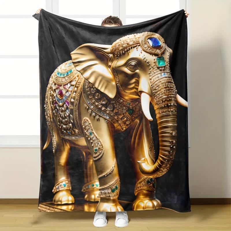Luxurious Golden Elephant Flannel Blanket - Ultra-Soft   Warm All-Season Large with Golden Elephant Design, 130x150cm51x59in