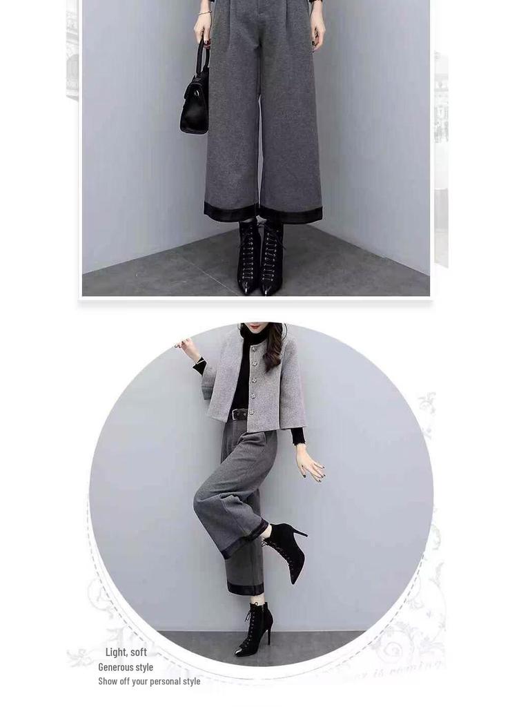 2025 Women's Plus Size Woolen Two-Piece Suit: Short Coat & Wide Leg Pants for Autumn/Winter Fashion.