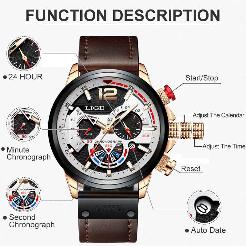 Outdoor Sport Watches for Men Fashion Business Leather Quartz Man Wristwatch Top Brand Luxury Waterproof Luminous Watch Men