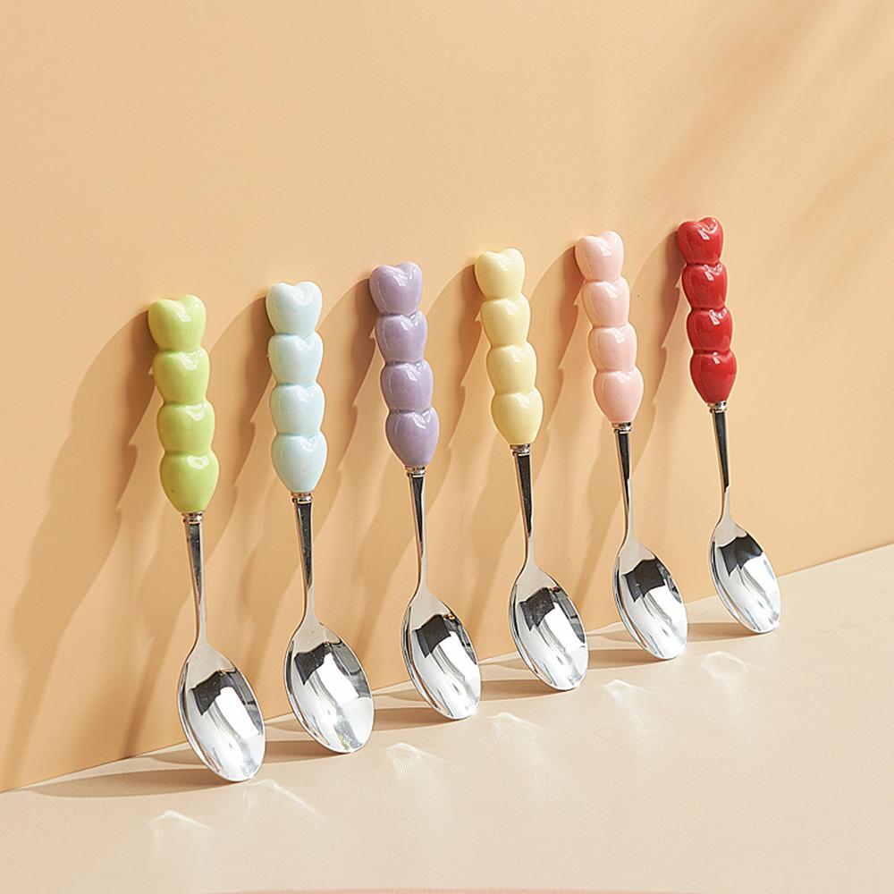 6pcs Fork and Spoon Set Heart-shaped Ceramic Stainless Steel Fork Spoon High Temperature Underglaze Color INS Style Craft Spoon