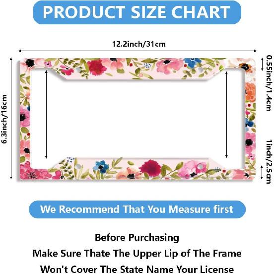 Personalized License Plate Frame Stainless Steels Artistic Flower Pink License Plate Car Tag Holder with 4 Holes and Screws for Women Men Auto