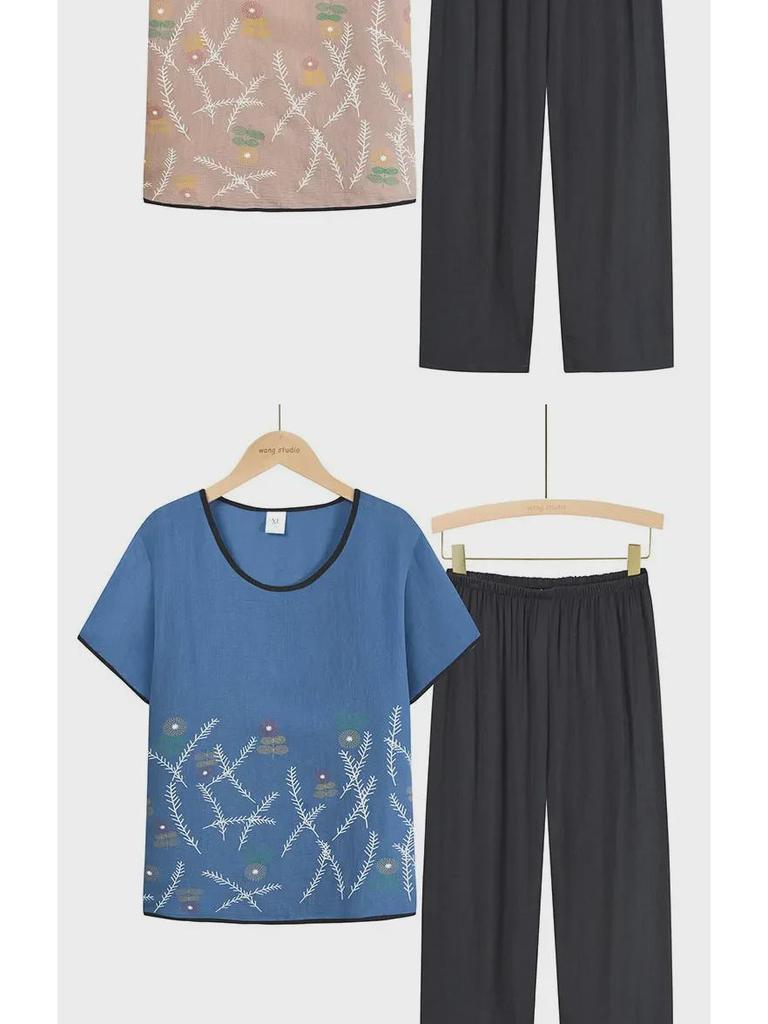 Seturi de vară din bumbac și in, din două piese, pentru femei cu vârsta între 60-70 de ani - Mânecă scurtă