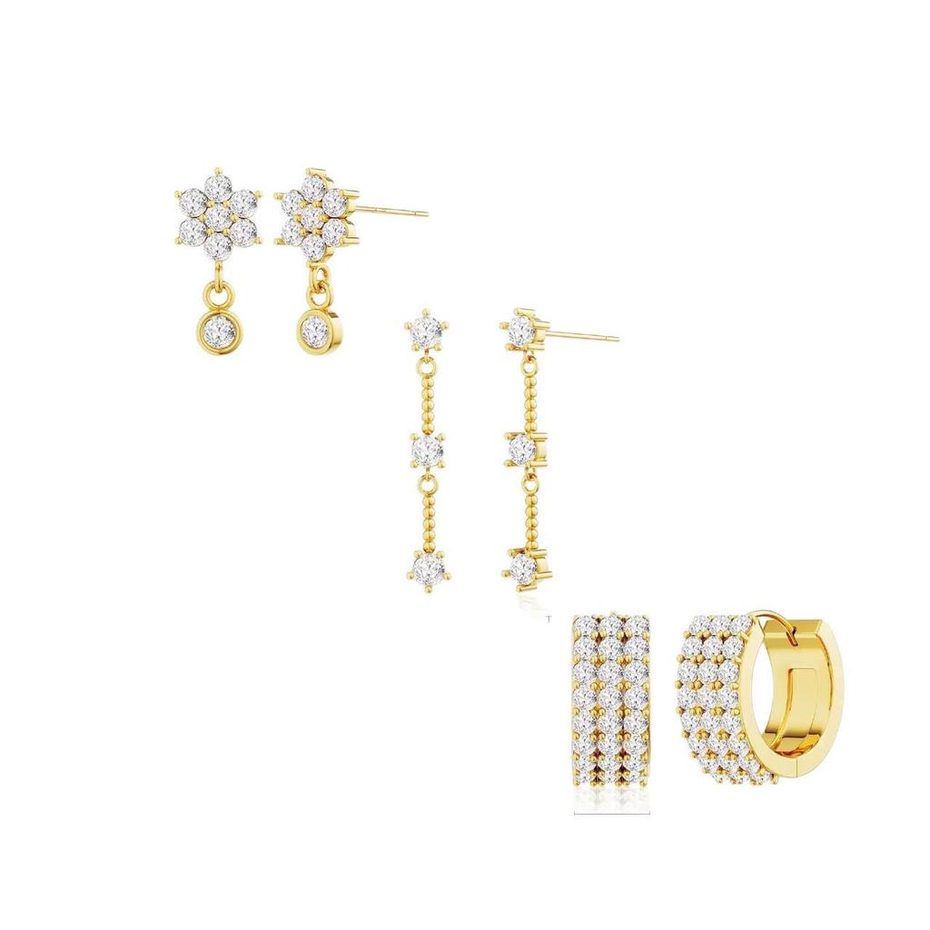 Gold-Plated Brass Tassel Earrings with Zircon Inlay - Three-Piece Set