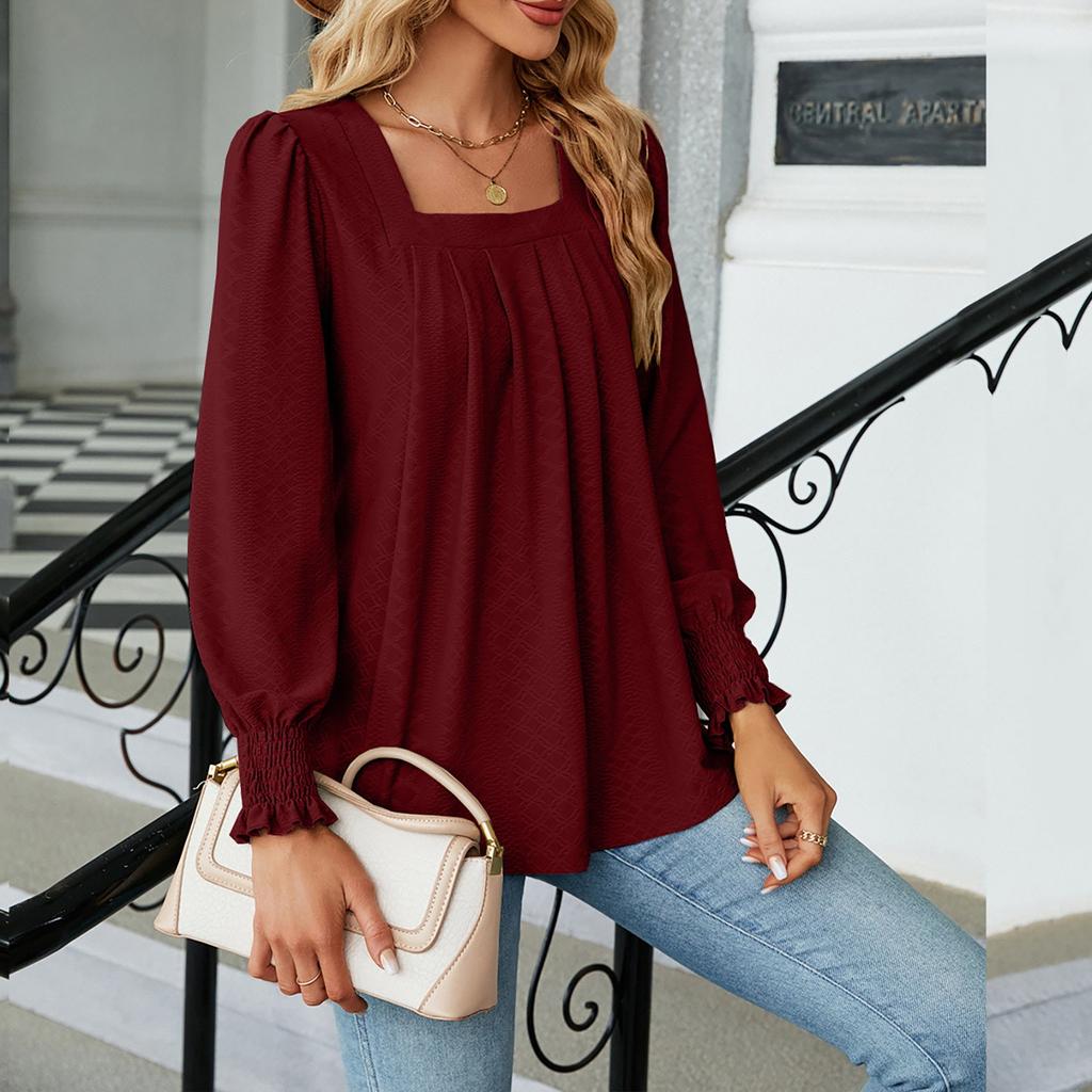 Women's Fashion Square Neck Color Pleated Long Sleeve Tuxedo Shirt Top