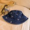 Washed Bow Denim Bucket Hat Women's Summer Big Head Circumference Washbasin Hat Sunshade Sunscreen Hat