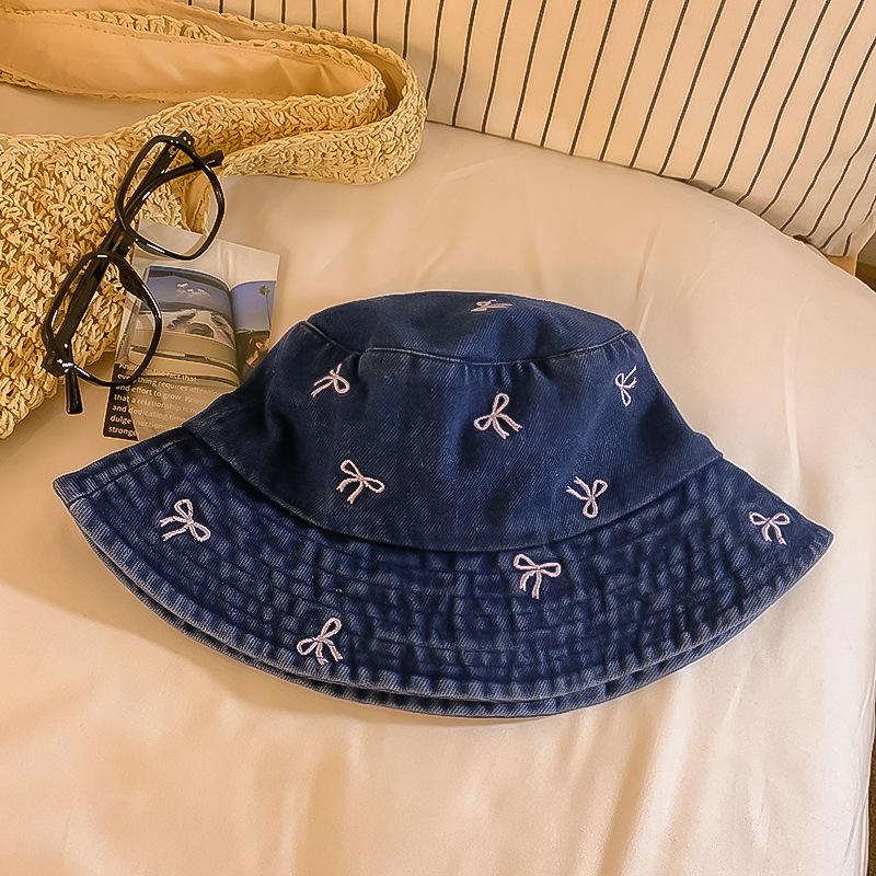 Washed Bow Denim Bucket Hat Women's Summer Big Head Circumference Washbasin Hat Sunshade Sunscreen Hat