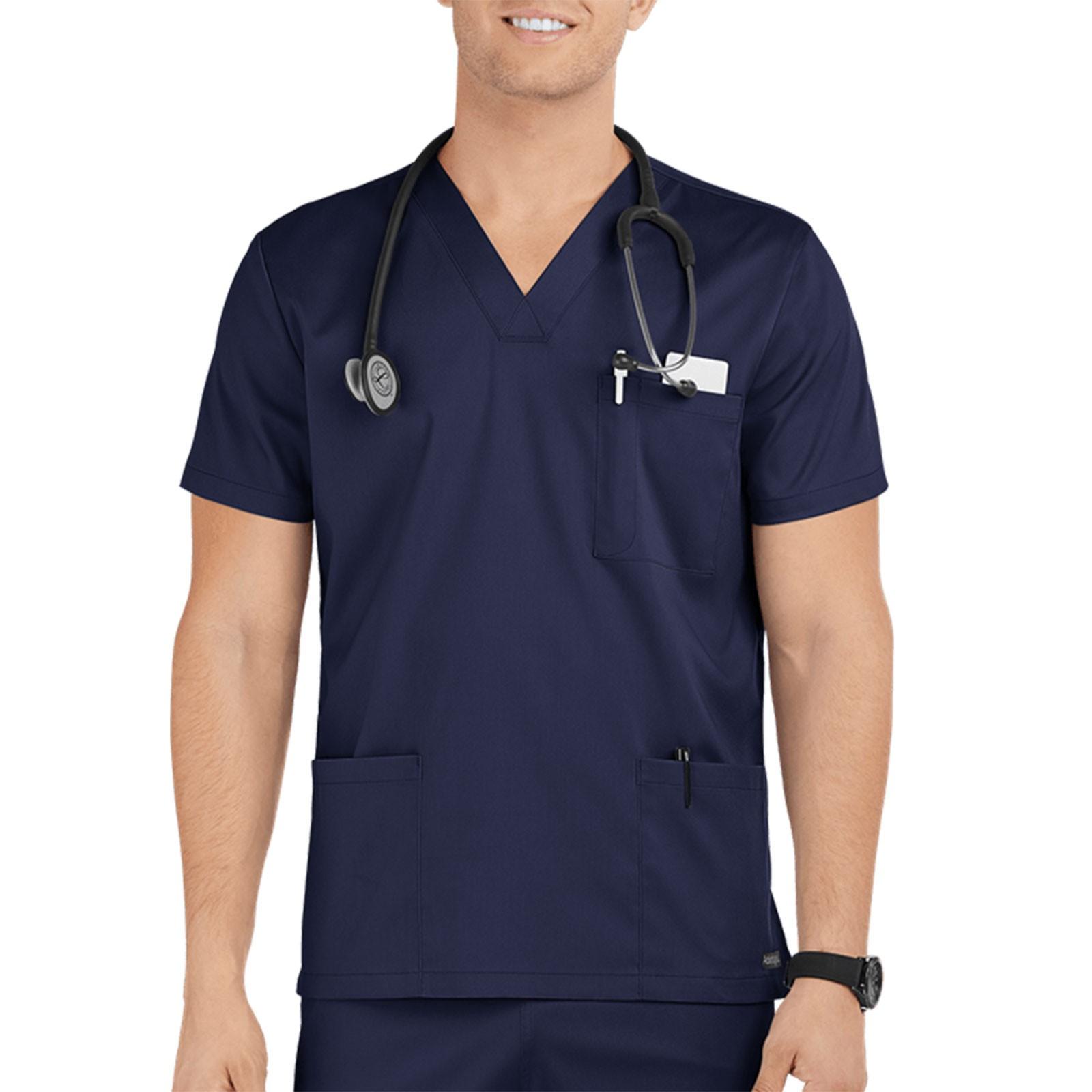 Workwear Men s V-Neck Scrub Tops Mans Clothes Color Tops Short Sleeve S тёмно-синий 1060₽