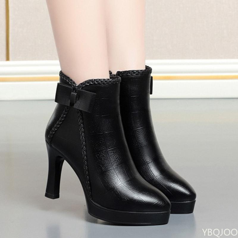 Small Size Spring and Autumn Fashion New High Heels Women's Boots with Bow Pointed Tip Thin Heel Zipper Fashion Women's Boots