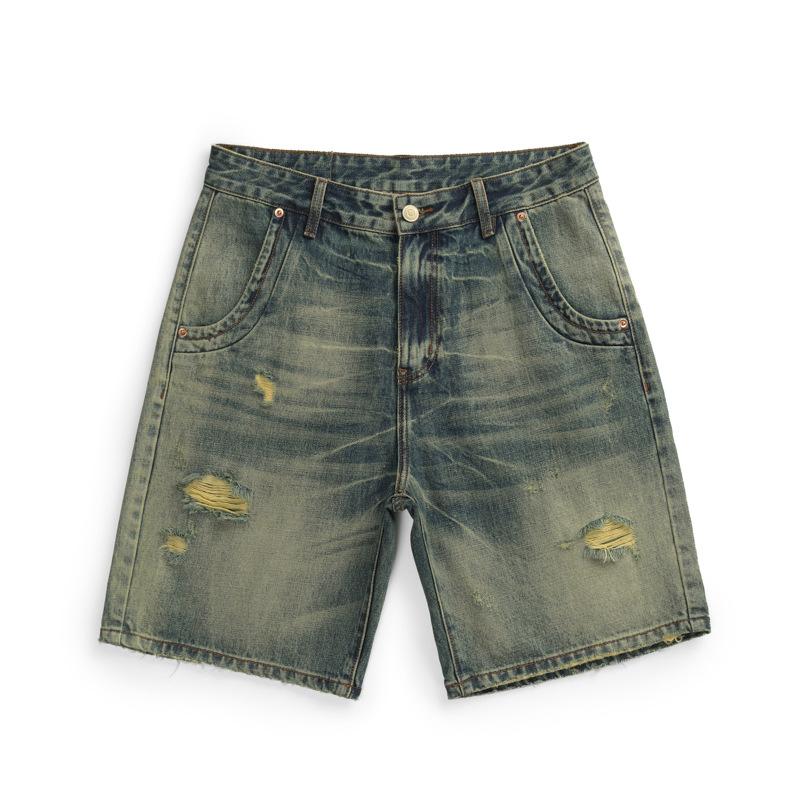 New Summer Retro Old Ripped Denim Shorts Men's Loose Straight Cutout Pants