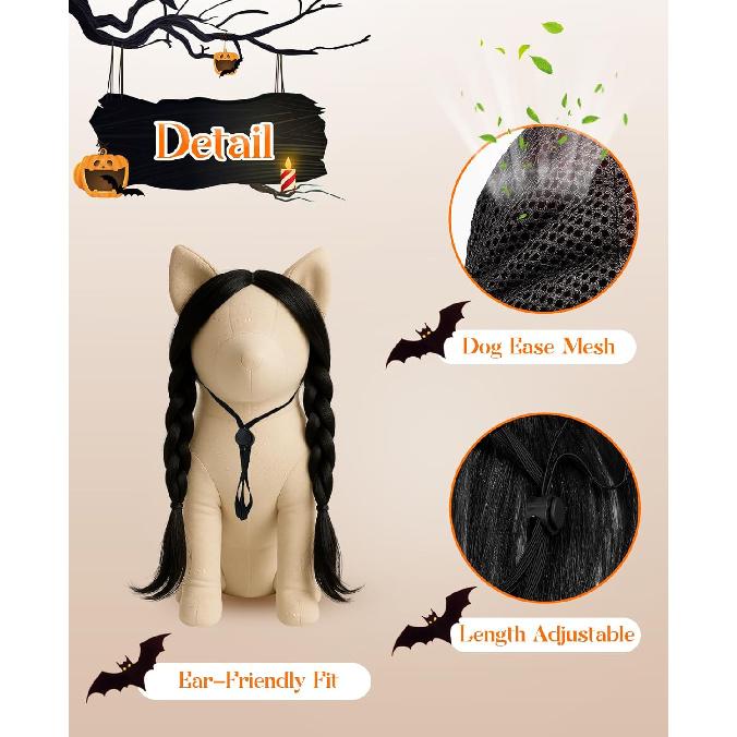 Swooflia Dog Wig - Black Long Braids Weds Pet Wigs for Small Large Medium Breed Dogs, Halloween Cosplay Costume Accessories for French English