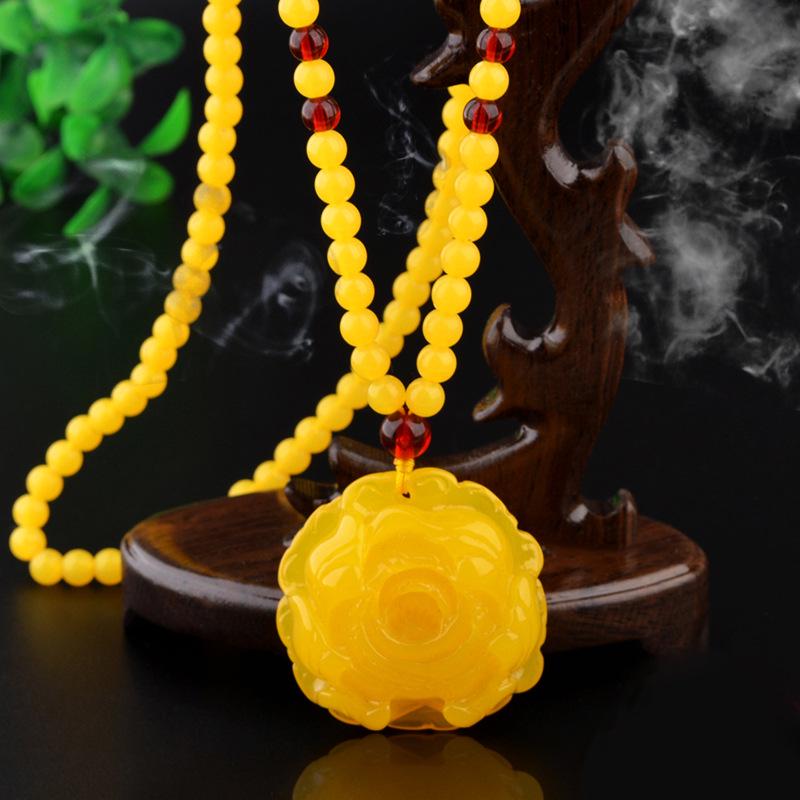 Resin Imitation Beeswax Water Drop Pendant Necklace - Ethnic Style Long Sweater Chain for Men & Women
