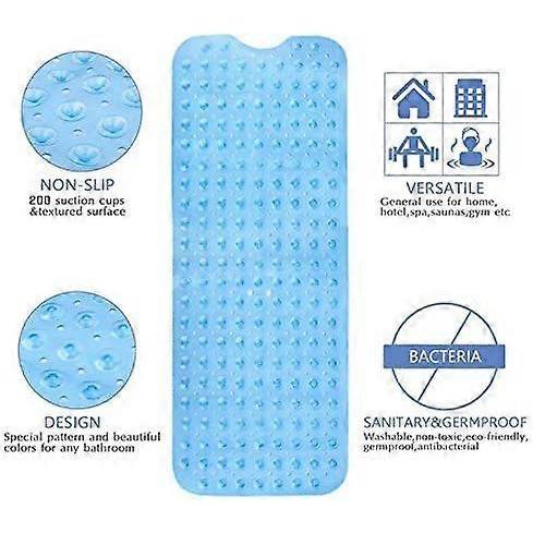 Non Slip Bath Mat, 100 x 40cm Extra Long Non Slip Bathtub Mat/Shower Mat with 200 Suction Cups, Machine Washable (Clear Blue)1pcs