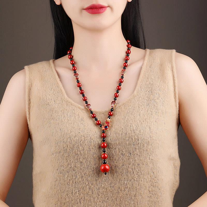 GEMCHIC Women's Vintage Chinese Style Cloisonné Phoenix Necklace Long Red Agate Beads Sweater Chain Ethnic Jewelry Gift