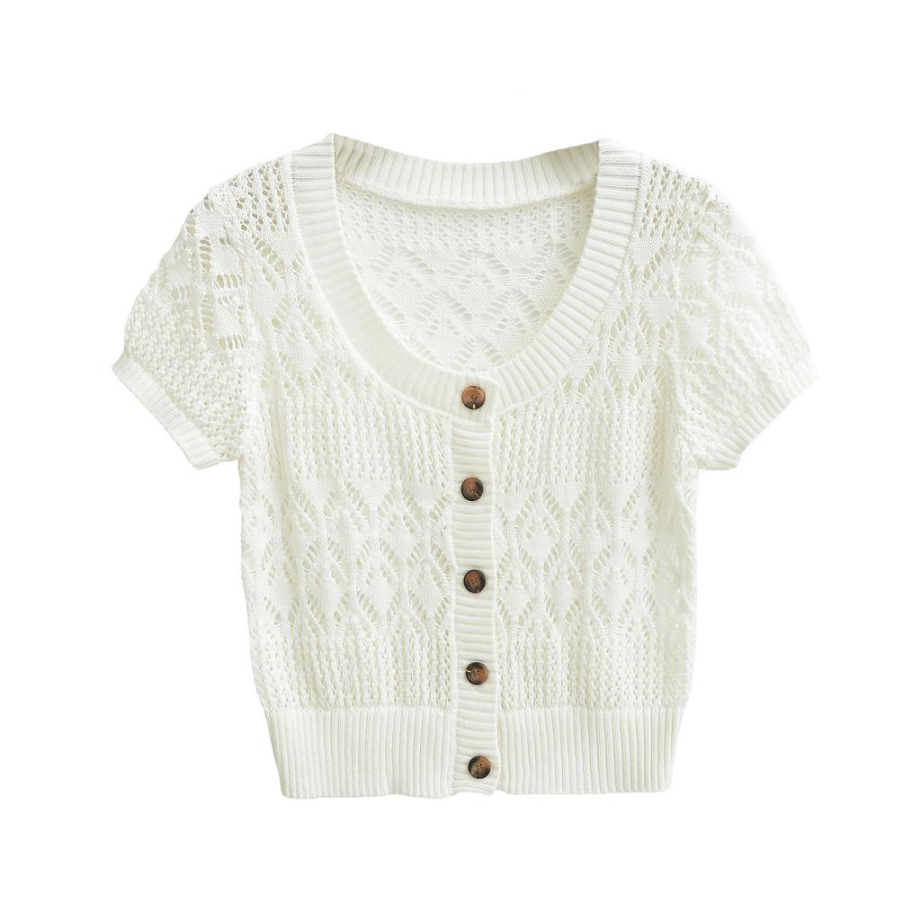 Fashion crew neck knitted sweater women's summer new American retro Spice Girl slim and thin cardigan short-sleeved T-shirt