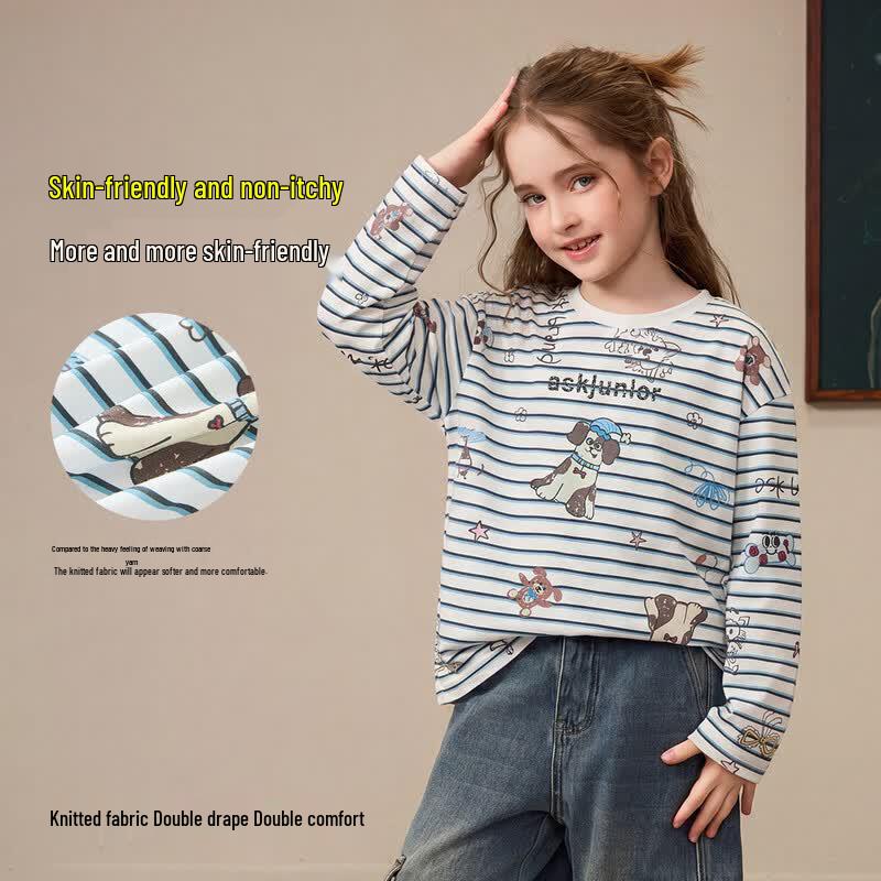 ASK JUNIOR Girls' Striped Long-Sleeve T-Shirt with Fun Print
