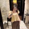 Pure Desire Style U-neck Pleated Short-sleeved T-shirt Women's Summer Korean Design Sense Loose and Thin Niche Beautiful Top Ins