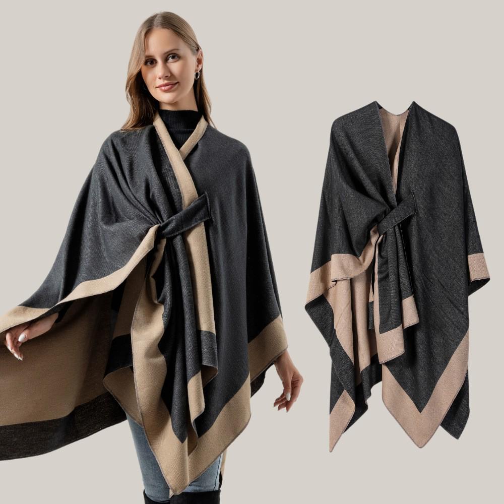 Multi-Functional Women's Solid Color Shawl Cloak with Fringe