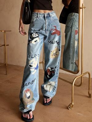 Rose Beauty A High Street Vintage Farbe Buchstaben Cartoon Print Lose Jeans Hose Frauen Y2K Slant Pocket Wide Leg Jeans Preppy Comfort Denim Hose