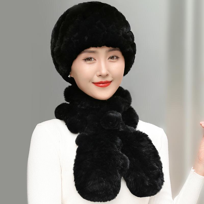 Women Real Rex Rabbit Fur Hat Scarf Set Thickened Warm Winter Rabbit Hat Scarves 2 Pieces For Girls Fashion Outdoor Fur Scarves