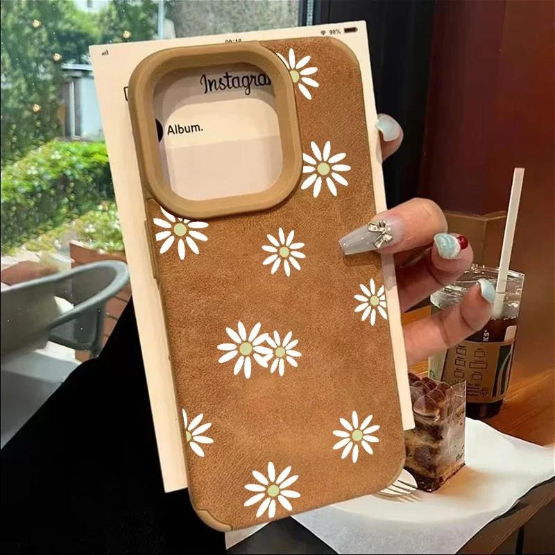 Line Flower Sunflower Bonded Leather Phone Case For iPhone 16 15 14 13 12 11 Pro XS Max XR X 15 Plus 16 Pro Max Matte Back Cover