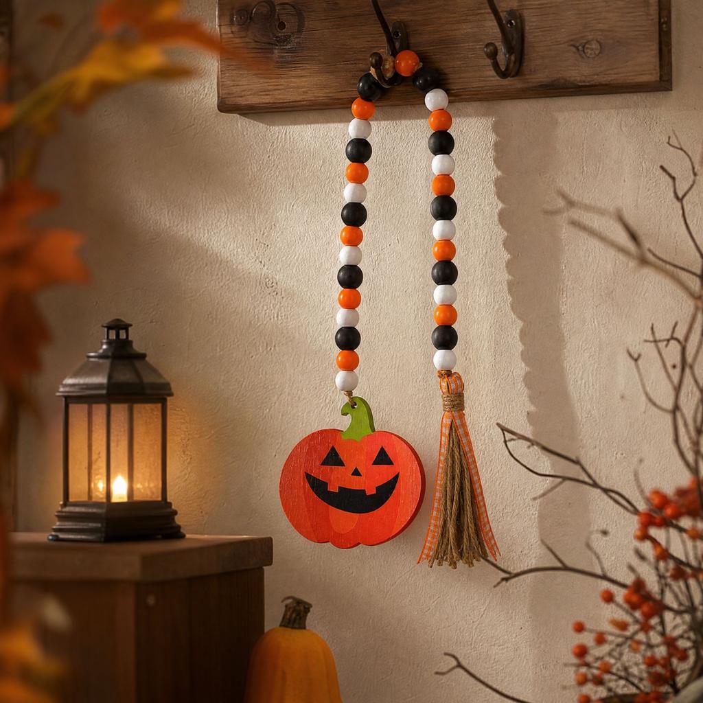 Halloween Wooden Bead Pendant Witch Hanging Ornament for Party Decorations
