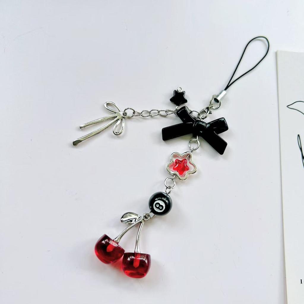 New Design 1 Piece Y2k Style Cute Cherry Bowknot Beaded Mobile Phone Charms Keychains Lanyard Smartphone Strap Accessory