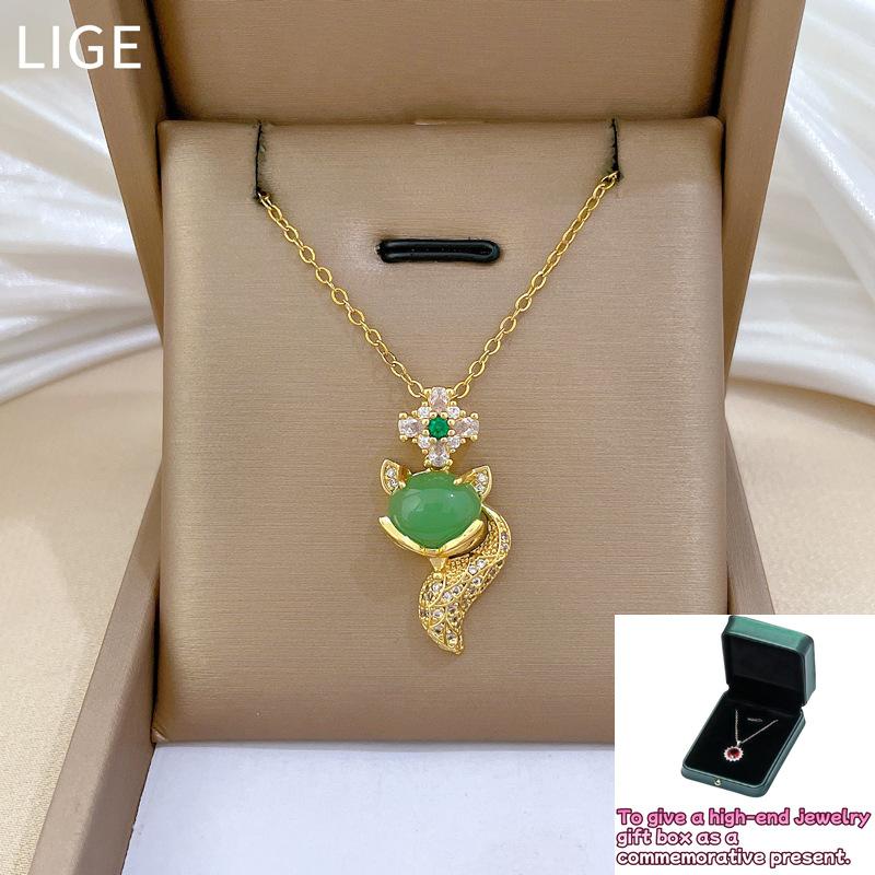 

Zircon green fox full of diamonds light luxury temperament gorgeous full diamond necklace female versatile collarbone chain