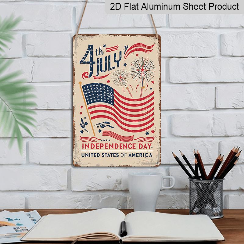 2D Flat Vintage 4th of July Independence Day Aluminum Wall Art Sign - Patriotic American Flag Design with Fireworks & Stars, Rustic Home Decor for