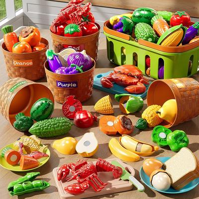 Play Food Set for Kids, Toddler Learning Toys, Cutting Food Toy Color Sorting Set, Pretend Food Play Kitchen Accessories for Kids