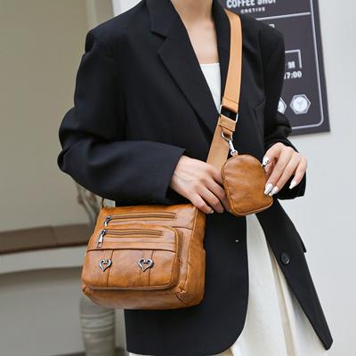Women's Soft Leather Bag Crossbody Bag Multi-Pocket Large Capacity Shoulder Bag Mother Bag
