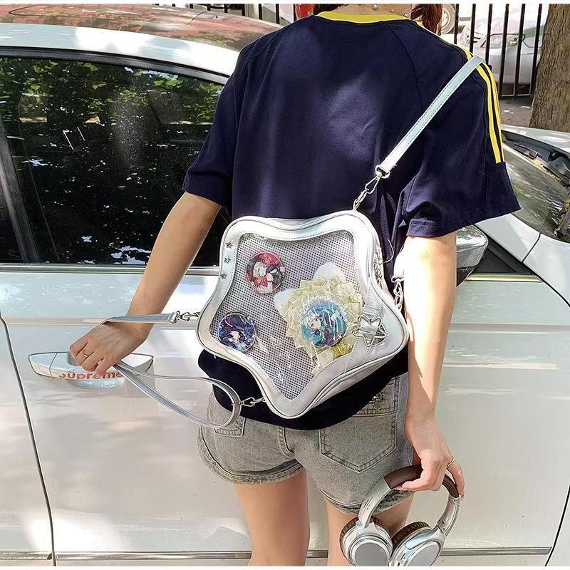Japanese Cute Star-shaped Ita Bag, Large Capacity Transparent Badge Display Crossbody Bag Kawaii Sweet Girl's Shoulder Bag