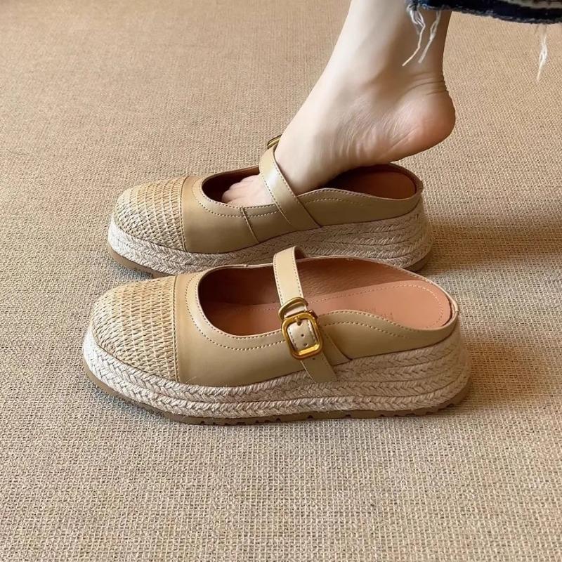 Maillard~ Woven splicing wedge heel slippers women's bag head half drag summer wear retro straw thick-bottomed cool slippers