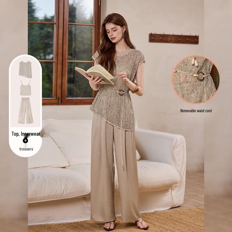 Sequined Hollow-Out Sleeveless Three-Piece Set XL