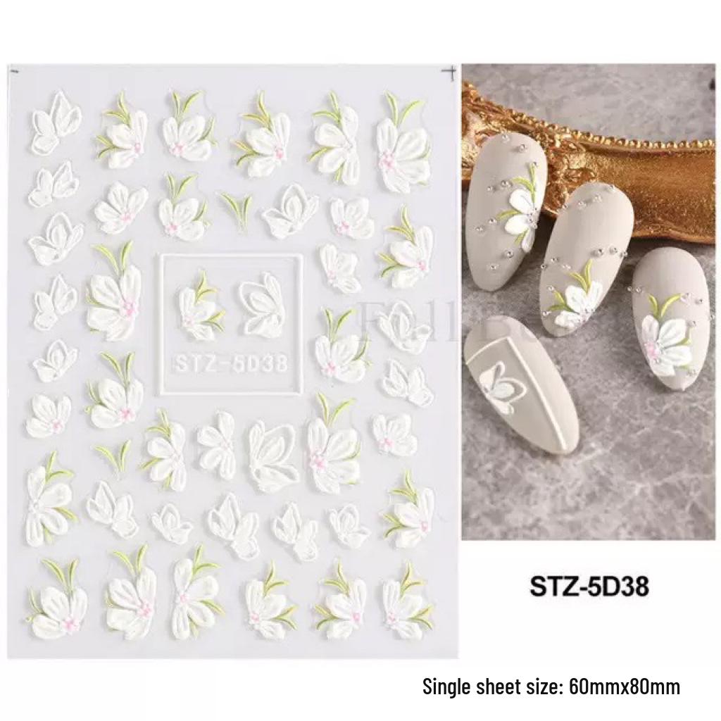 Camellia 5D Embossed Nail Art Stickers - Fresh Ice Flower Hand-Painted Ornaments with Adhesive Back
