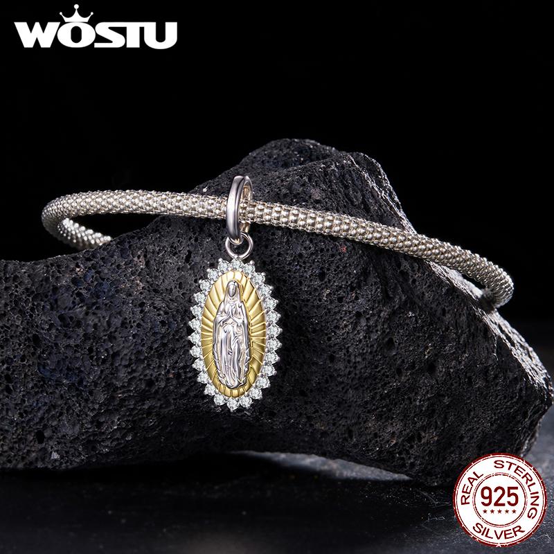 WOSTU 925 Sterling Silver Virgin Mary Pendant Cross Charms Wings of Protection Beads Fit Original Bracelet Necklace DIY Gift