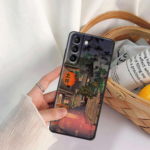 Japanese Style Art Ukiyo-e Phone Case For Samsung Galaxy S25 S24 Ultra S23 Plus S20 S21 FE S22 S24FE 5G Cases Black Soft Cover