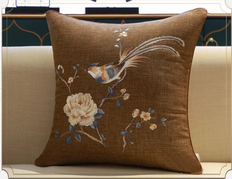 Chinese Style Embroidery Throw Pillow Cover Yellow Linen Cushion Cover with Peony & Bird Pattern for Sofa Home Decor