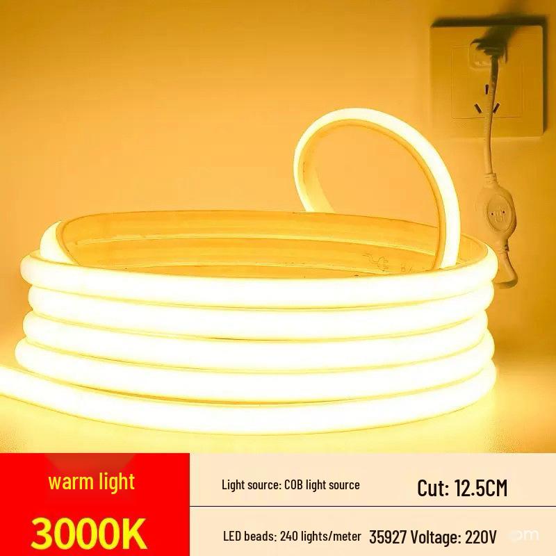 220V Outdoor Waterproof LED Strip Light, COB Linear Soft Light for Living Room Ceiling, High Brightness Ambient Lighting