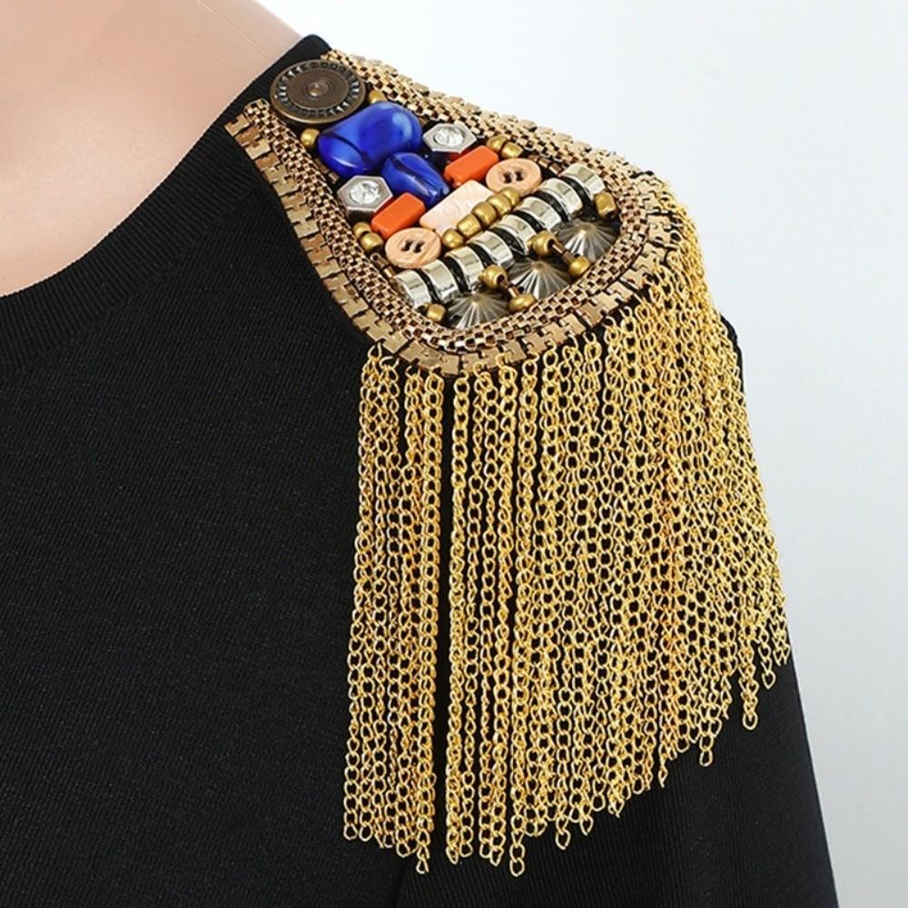 Pin Beads Tassel Epaulette Brooch Long Chain Clothing Accessories Shoulder Brooch for Men Women