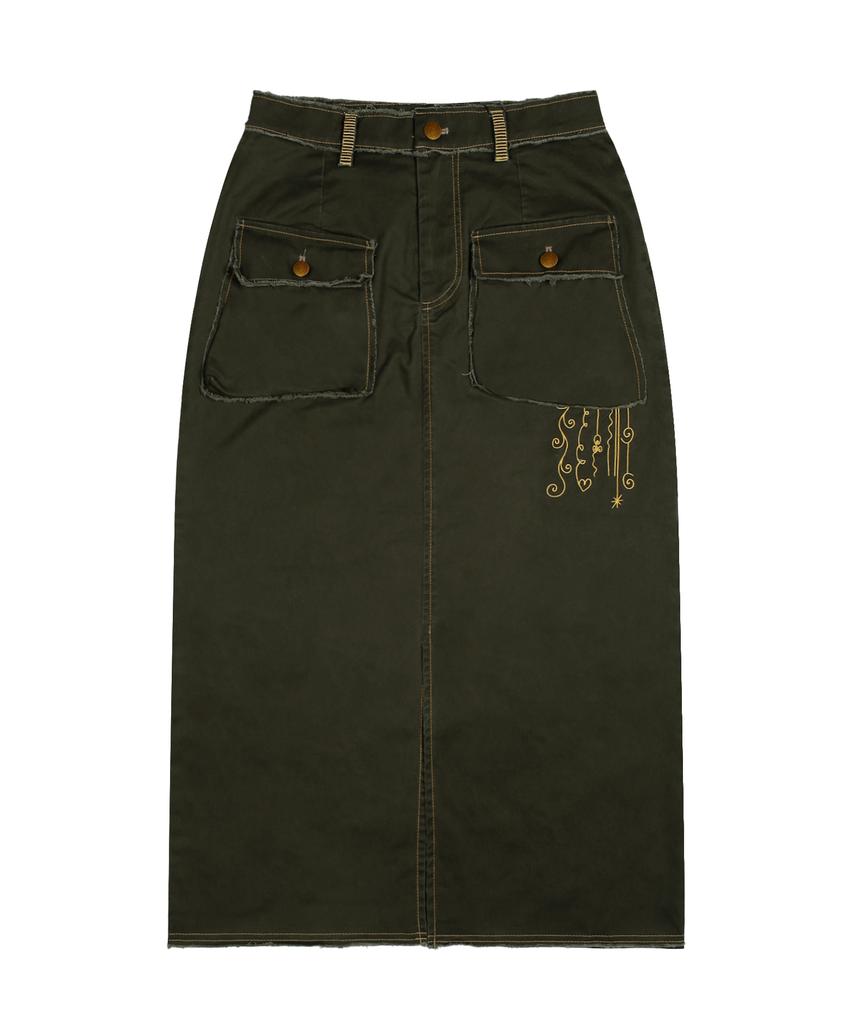 Lunakihu Wxsk008 Tsuru Cotton Long Skirt (Khaki)