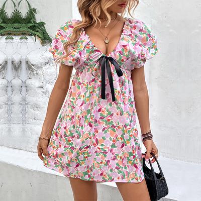 Roupas elegantes femininas verão decote em v saia de fada vestido estampado praia férias vestidos casuais