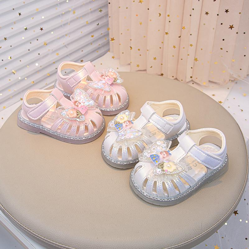 Baby Girls Princess Shoes Sweet Bows Kids Beach Shoes Hollow-out T-strap 2025 Summer New Toddler Walking Shoes Soft Size 16-26