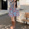 Retro Fungus Edge Floral Dress Suspender Dress Women's Summer Loose and Thin Seaside Vacation Wind Sweet Short Skirt