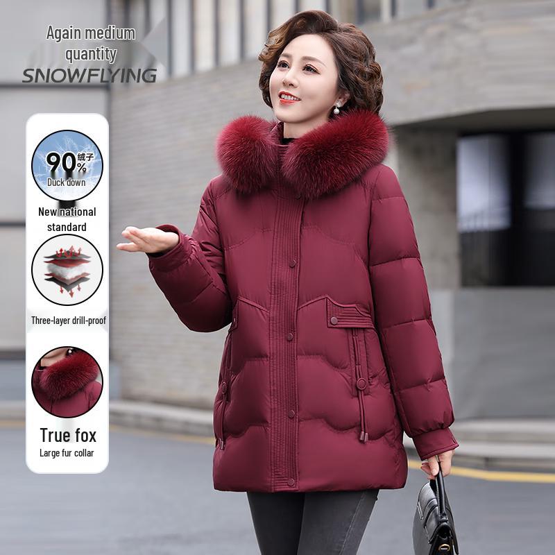 SNOWFLYING Women s Mid-Length Down Jacket with Fox Fur Collar 3XL
