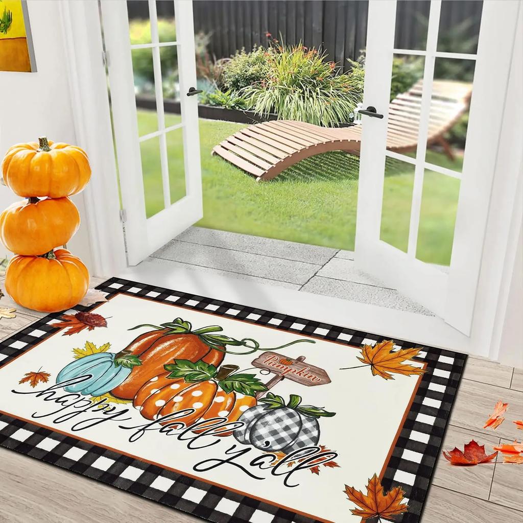 Fall Front Door Mat Vintage Truck Pumpkin Resist Dirt Doormats Non-Slip Washable Inside Entrance Floor Mats Home Decoration