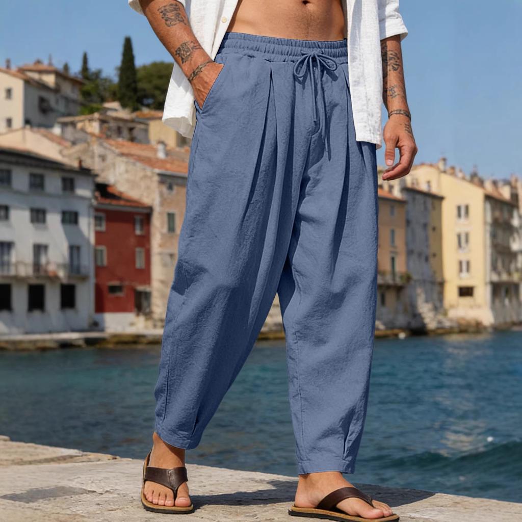 Men's long pants cotton and linen long pants beach pants solid color pants breathable vacation daily casual pants