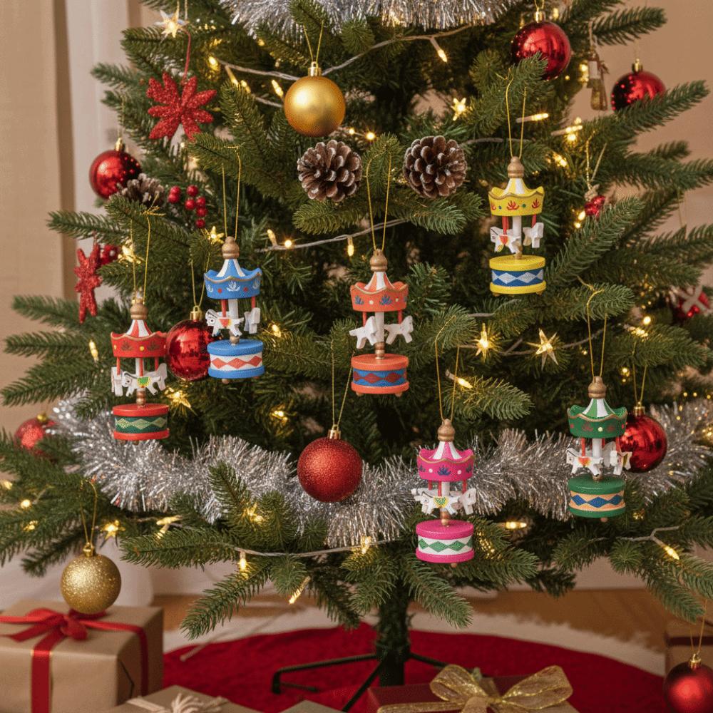 6Pcs New Mini Christmas Wooden Carousel Gifts DIY Crafts Xmas Carousel Hanging Christmas Handmade Carousel New Year Decor