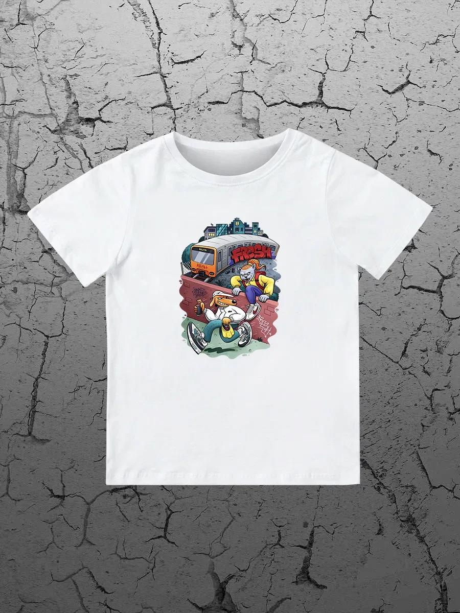 Round Neck Printed Pattern Pullover Short Sleeve Kids Tops Graffiti 100