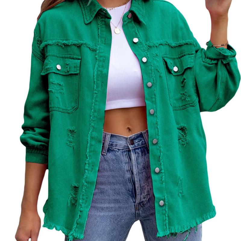 European-American Style Red Ripped Denim Long-Sleeve Jacket (2026)