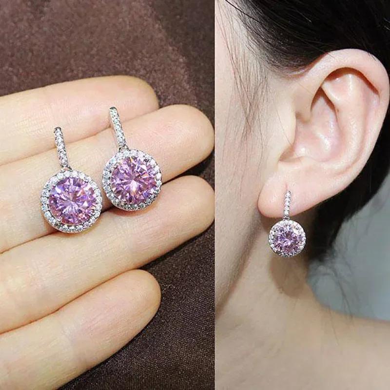 Elegant Light Luxury Pink Zircon Earrings for Women High-End Temperament Trendy Zircon Accessory
